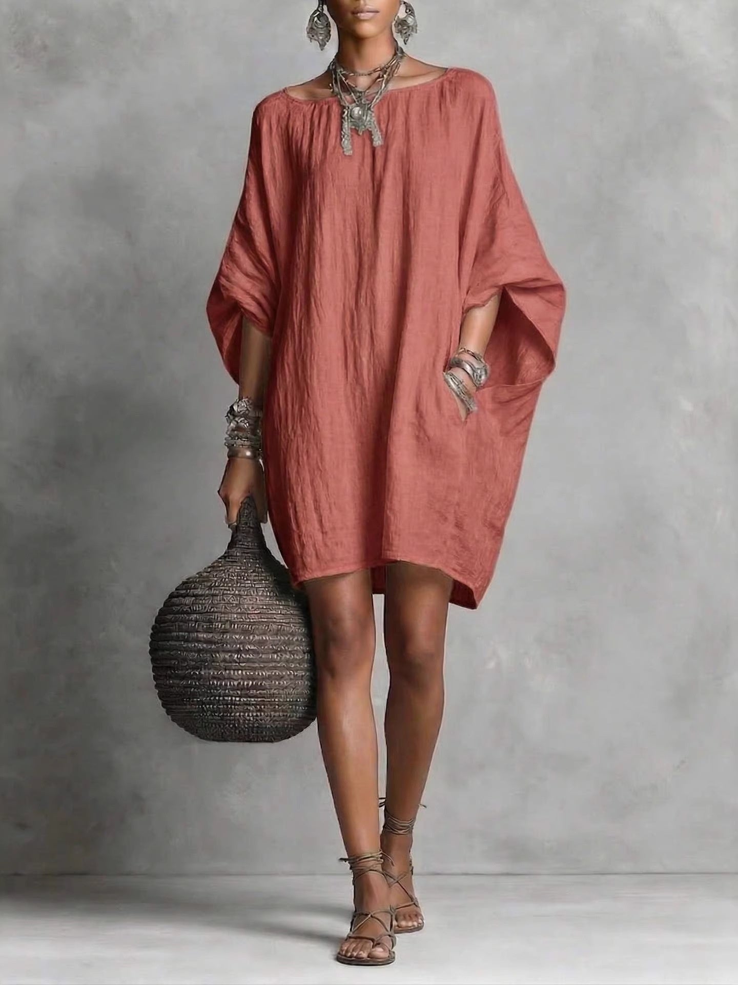 Linen-style Batwing Top, Loose-fitting Midi Dress