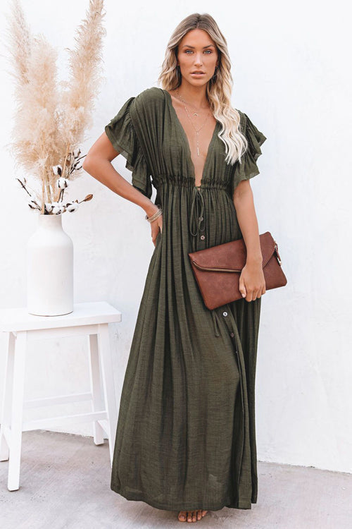Plunging V-Neck Flutter Sleeve Tie Front Button Pocket Maxi Dress