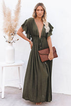 Plunging V-Neck Flutter Sleeve Tie Front Button Pocket Maxi Dress