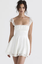 Square Neck Ruched Bust Lace Cap Sleeve Lace Hem Mini Dress