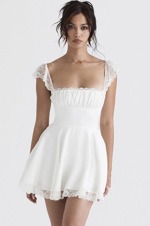 Square Neck Ruched Bust Lace Cap Sleeve Lace Hem Mini Dress