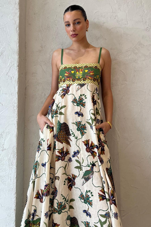 Spaghetti Strap Square Neck Illustrative Print Empire Waist Midi Dress