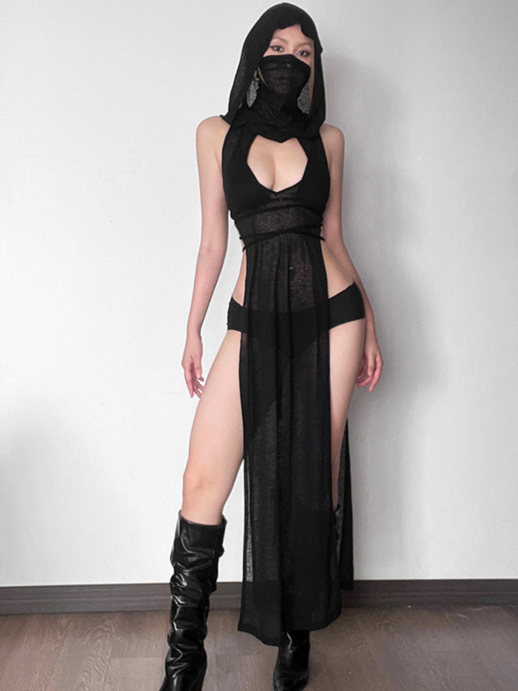 Mesh Splicing Hooded Sleeveless High Fork Maxi Dresses
