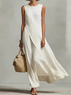 Sleeveless Asymmetrical Hem Cotton-linen Blend Long Dress
