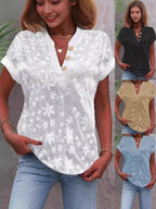 Flower Embroidery V-neck Short Sleeve T-shirts