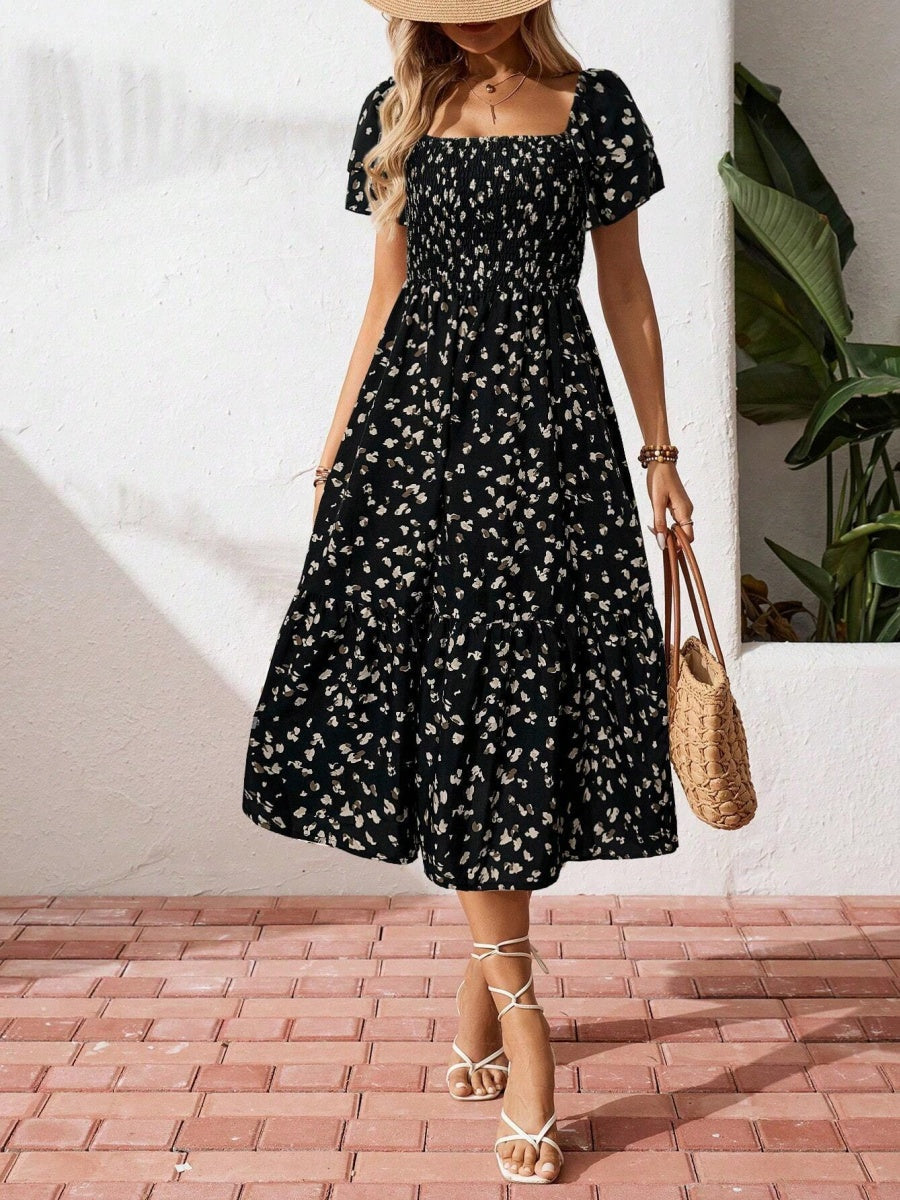 Floral Short Sleeve Square Collar Ruffle Vacation And Leisure Maxi Dresses