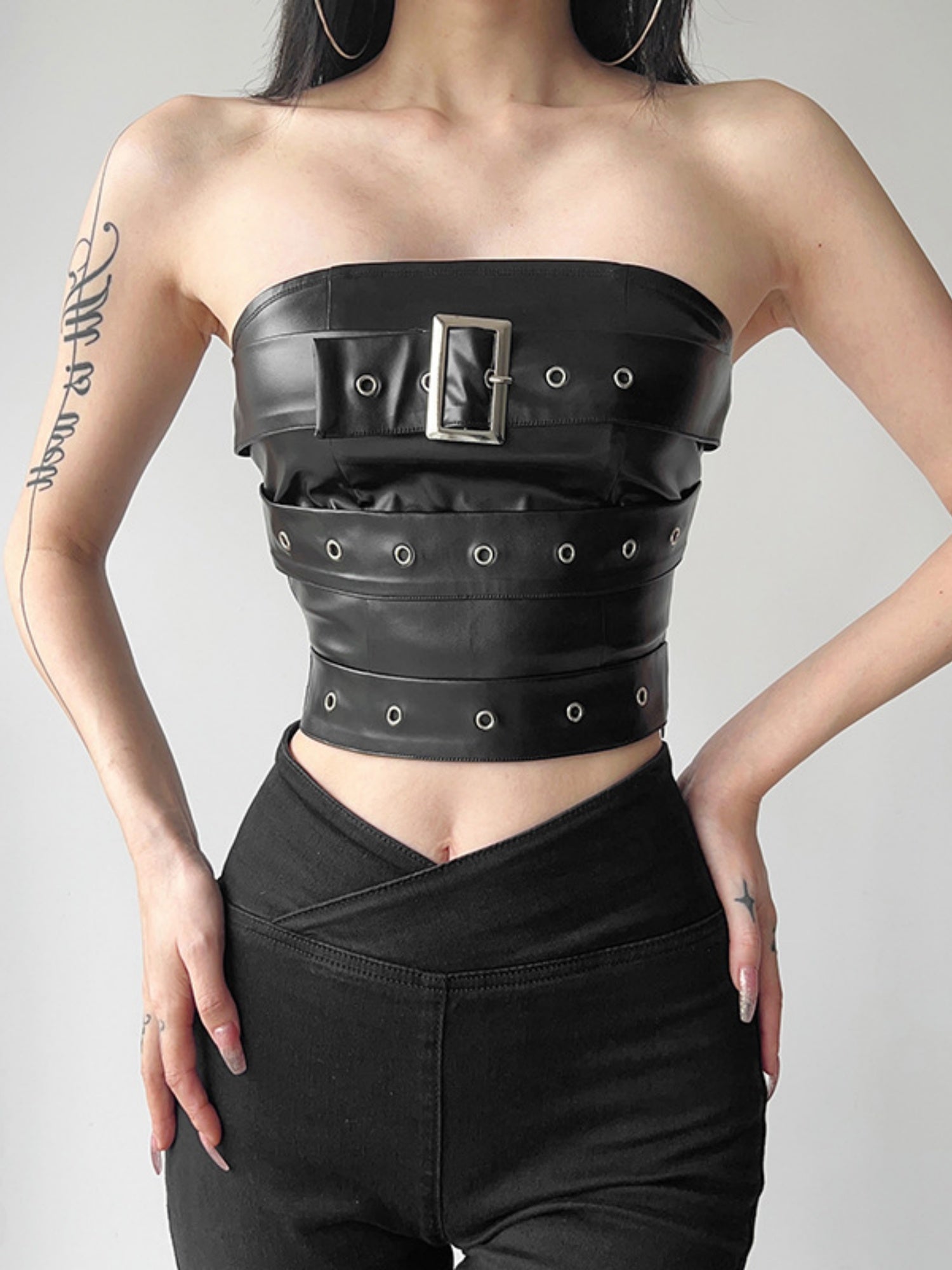 PU Leather Metal Buckle Decoration Strapless Vest