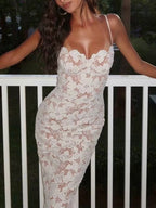 Lace See-through Strappy Slit Maxi Dresses