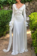 Lace Trim Deep V-Neck Ruffle Cuff Side Tie Long Sleeve Maxi Dress