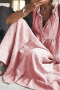 Sleeveless V Neck Cotton Linen Ruffle Maxi Dress