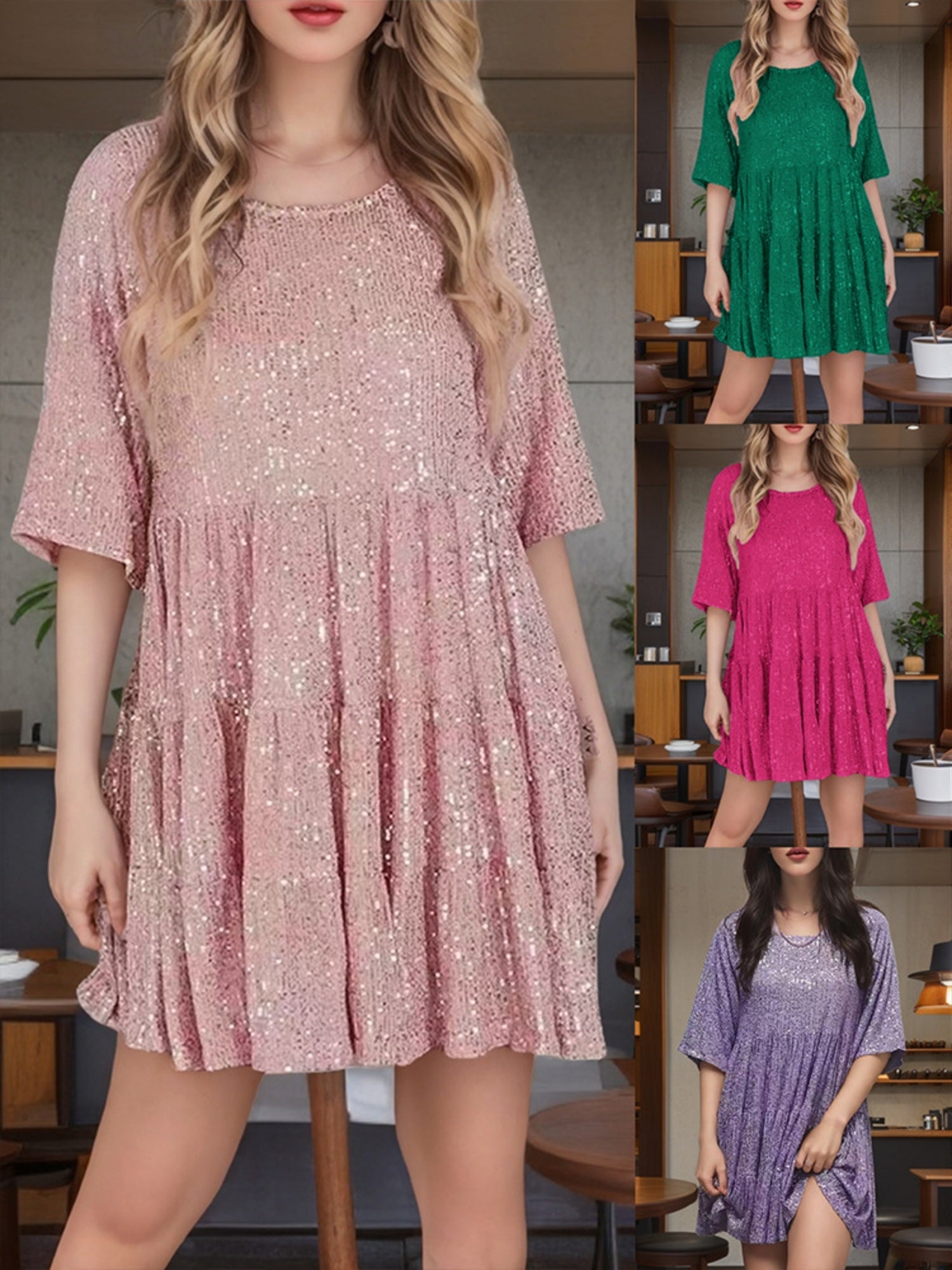Sequins Pleated Multi-story Crew Neck Short Sleeve Mini&Short Dresses