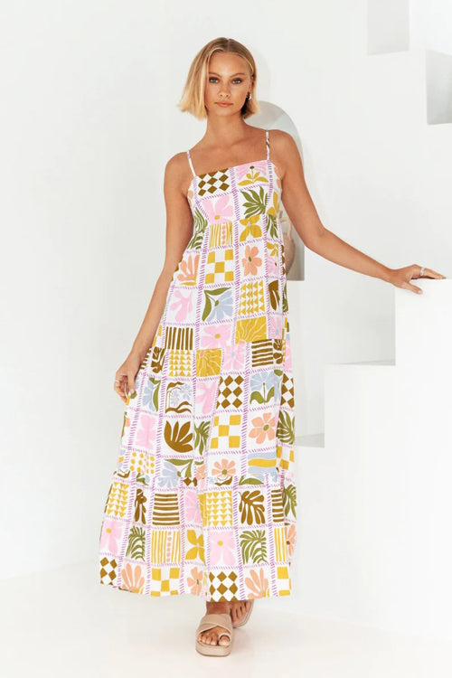 Square Neck Spaghetti Strap Graphic Print Empire Waist Maxi Dress