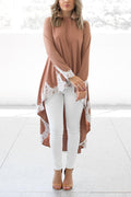 Long Sleeves High Low Hem Lace Trim Blouse Top