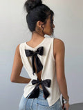 Bow Color-blocked Backless Round Neck Sleeveless Tank Tops