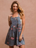 Denim Floral Print Pocket Sleeveless Suspenders Short Jumpsuit