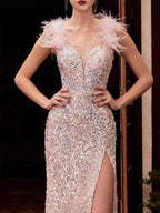Pink Feather Sequins Maxi Dresses