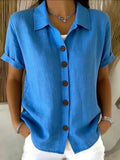 Button-up Cotton Linen Solid Color Short-sleeved T-shirt
