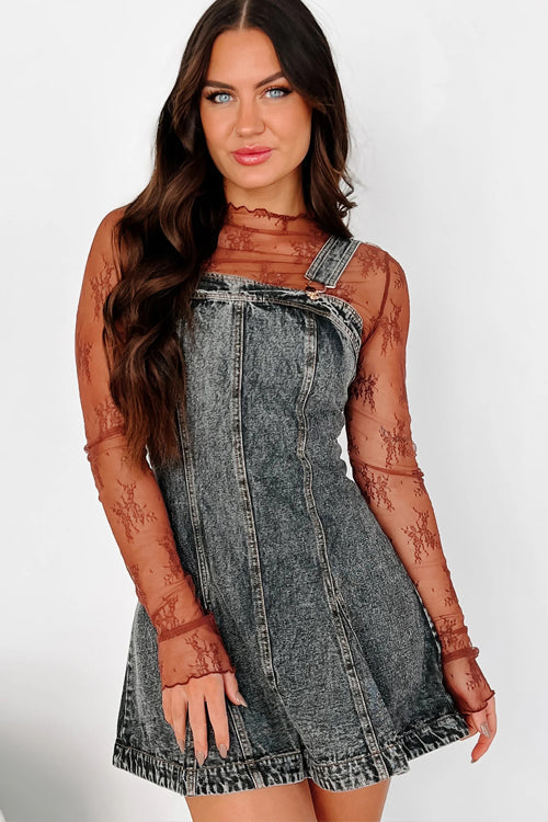 Acid Wash Denim Paneled Pinafore Square Neck Mini Dress