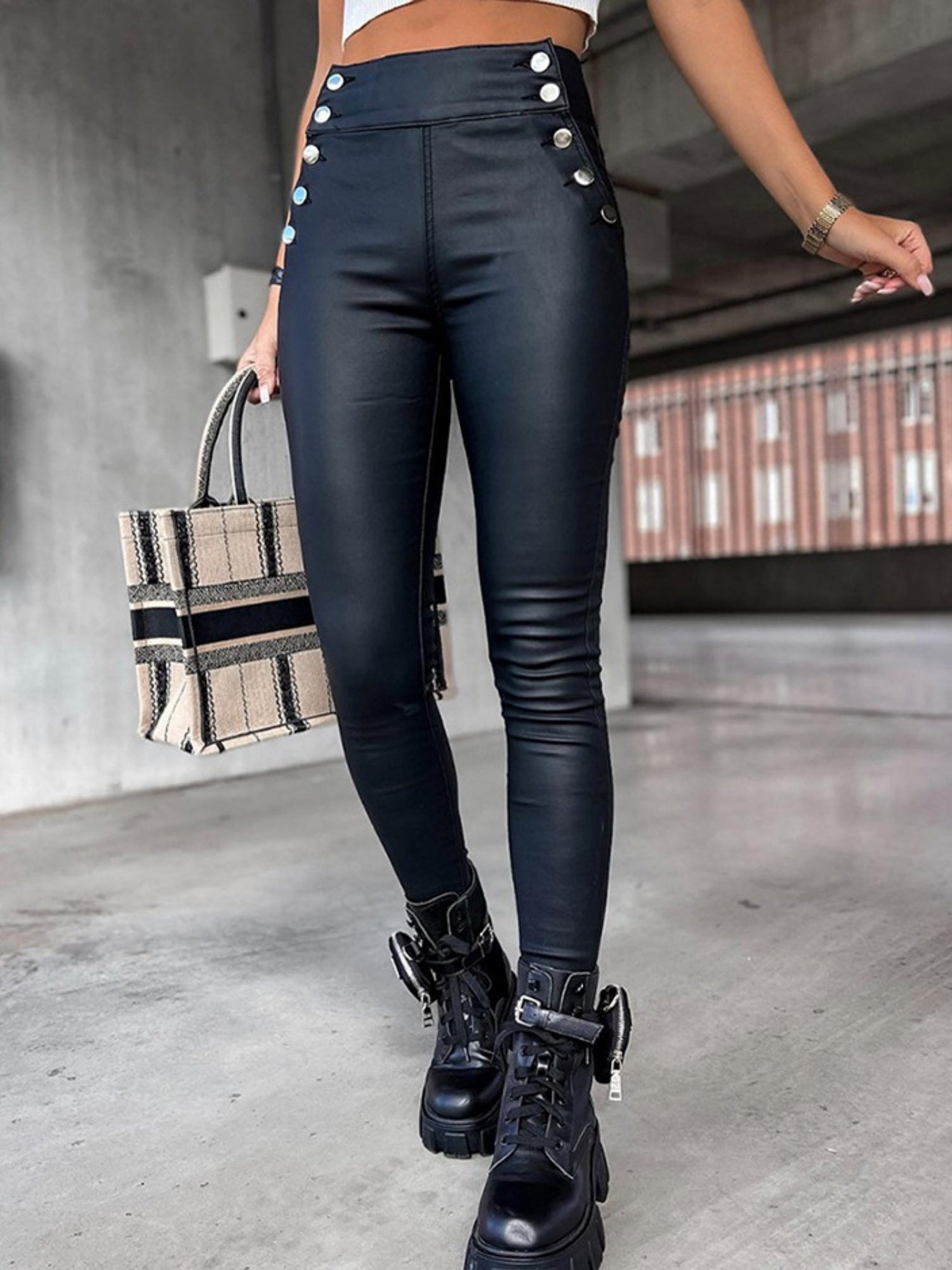 Imitation Leather Buttons High-waisted Slim Fit Pencil Trousers