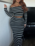 Striped Color Blocking Off-shoulder Long-sleeved T-shirt Long Bodycon Skirt 2-piece Sets