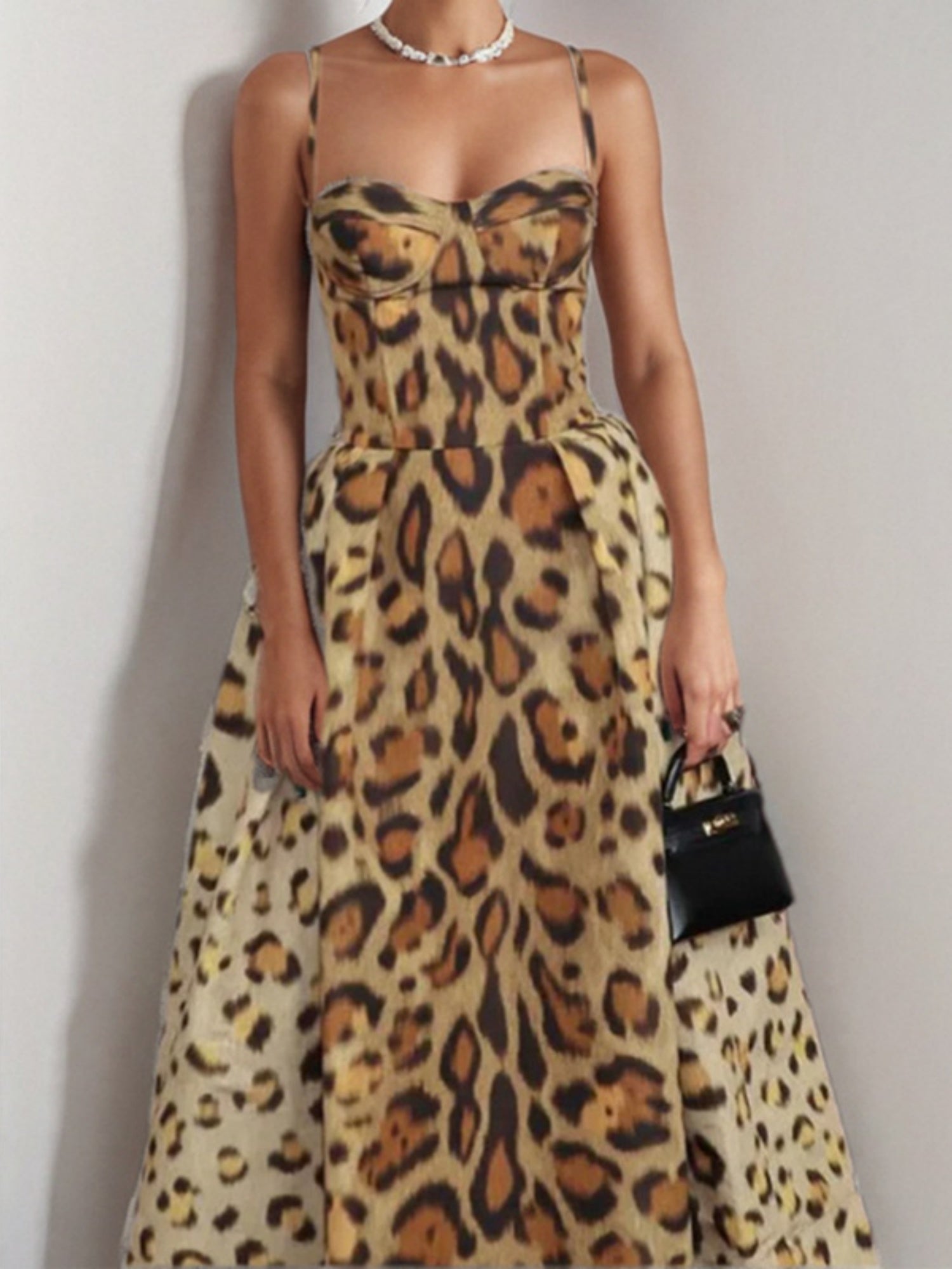 Leopard Print Spaghetti Strap Waist Maxi Dresses