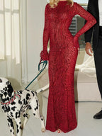 Backless Slightly Flared Sleeves Fishtail Skirt Mesh Printing Maxi Dresses