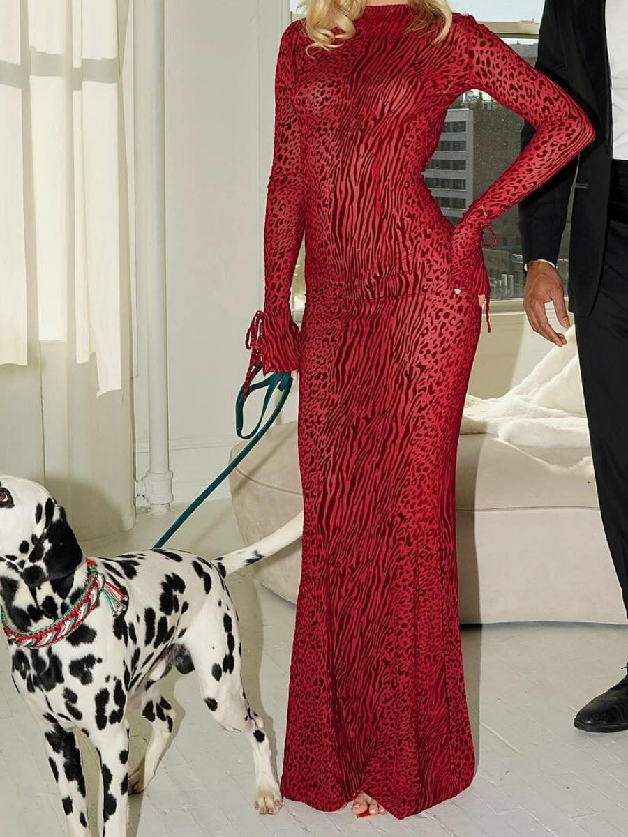 Backless Slightly Flared Sleeves Fishtail Skirt Mesh Printing Maxi Dresses