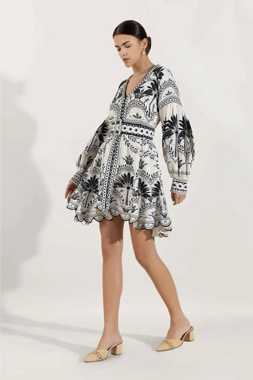 Ornamental Paisley Print Puff Sleeve V-Neck Belted Button-Front Mini Dress