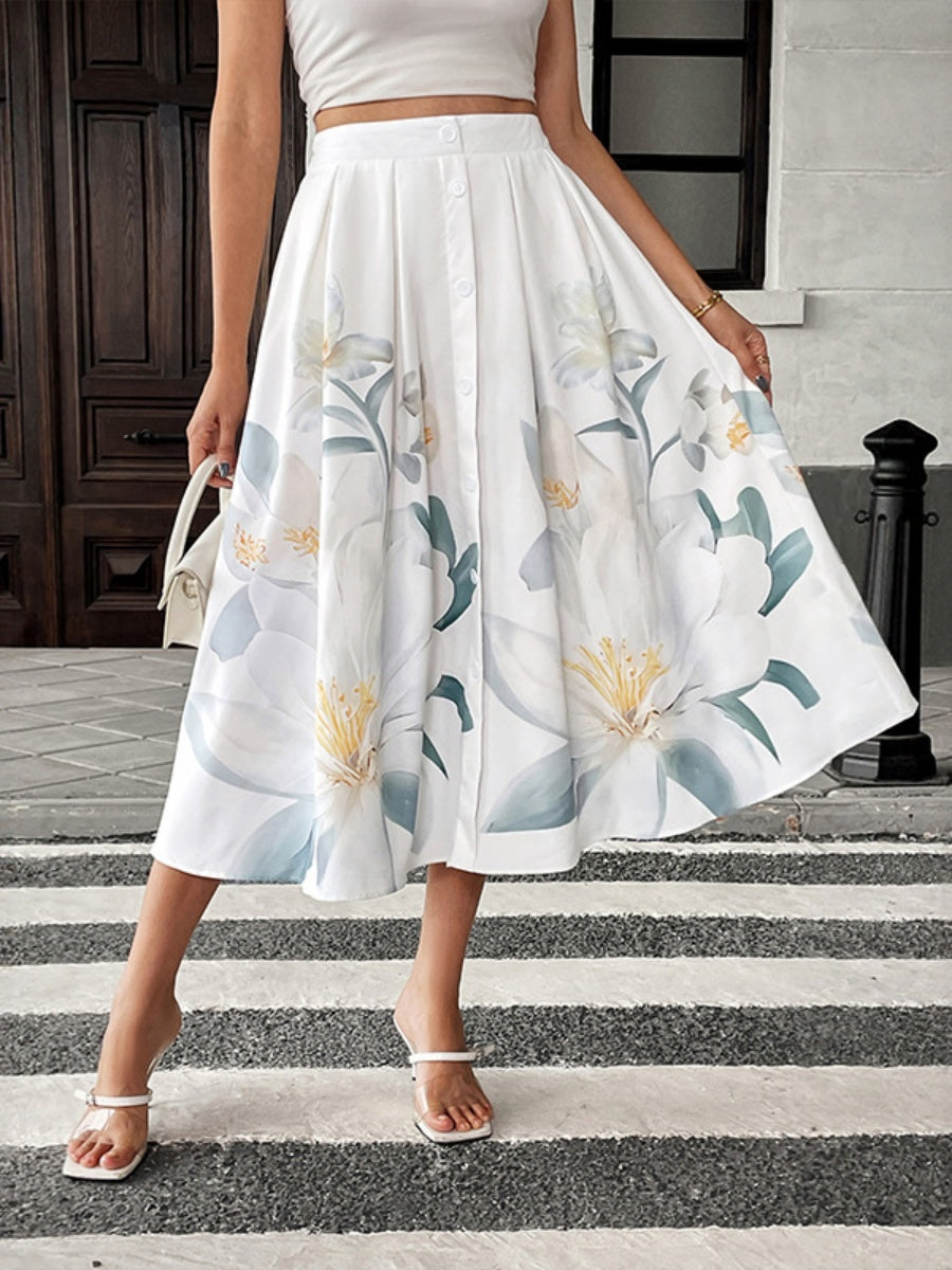 Printed Button Decoration Vacation Skirts