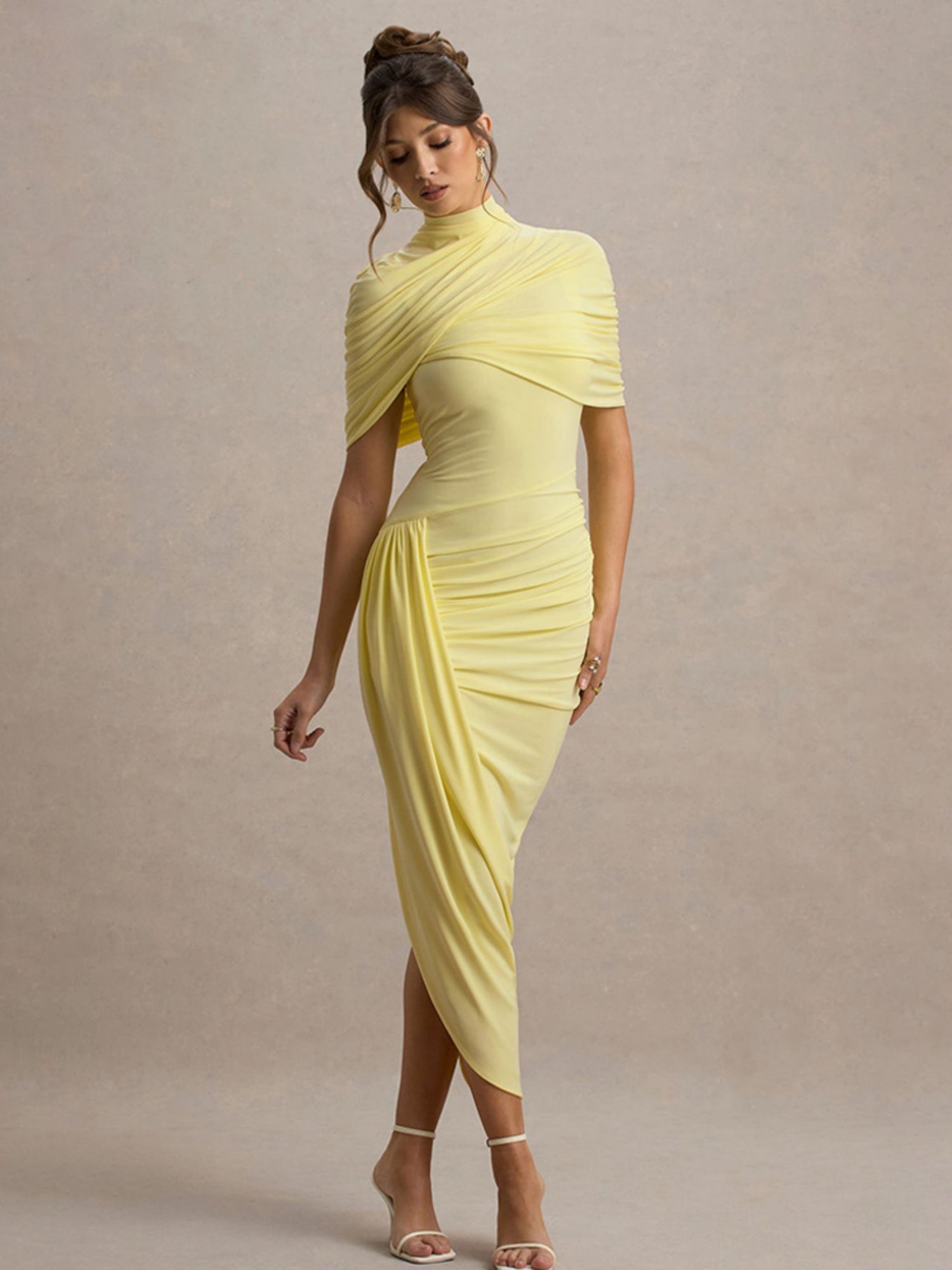 Pleated Mock Neck Shawl Exposed Backpack Buttocks Maxi Dresses