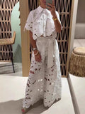 Hollow-out Cardigan Top And Wide-leg Pants Two-piece Set