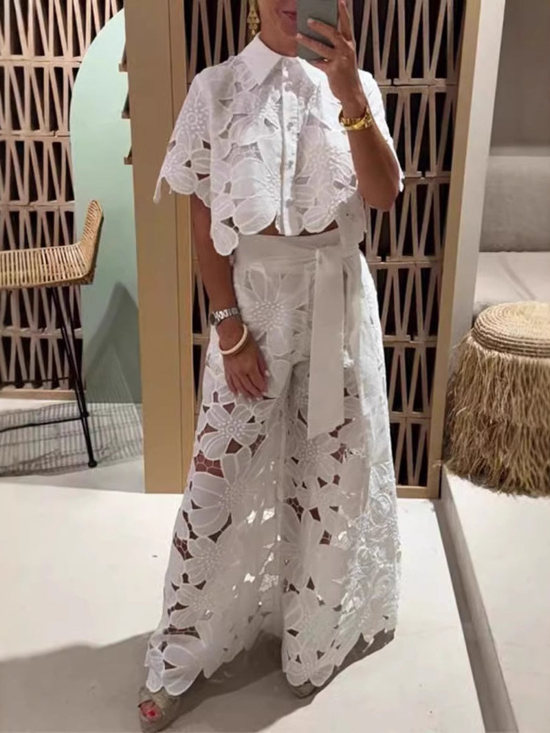 Hollow-out Cardigan Top And Wide-leg Pants Two-piece Set