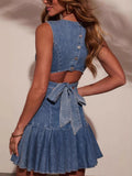 Denim Pleated Skirt Sleeveless With Cinched Waist Mini&Short Dresses