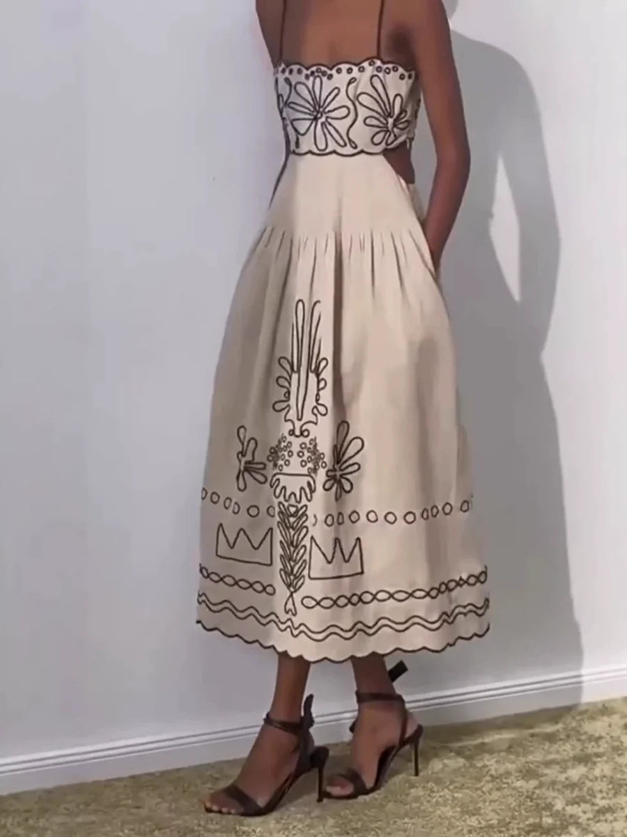 Embroidery Vacation Camisoles Bare Waist Maxi Dresses