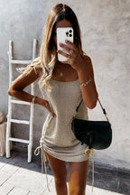 Metallic Knit Spaghetti Strap Side Drawstring Ruched Mini Dress