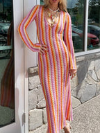 Striped Color Blocking V-neck Long Sleeve Maxi Dresses