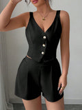 Stylish And Slimming Two-piece Set Of Button-down Vest And Shorts In Solid Color For Commuting.