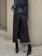 PU Leather Buttons Pleated High-waisted Side Slit Longline Skirts