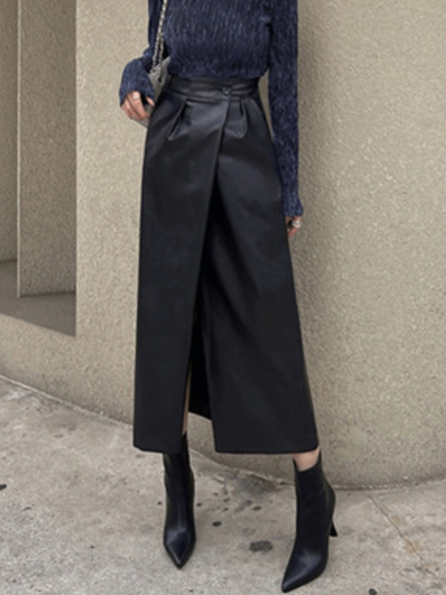 PU Leather Buttons Pleated High-waisted Side Slit Longline Skirts