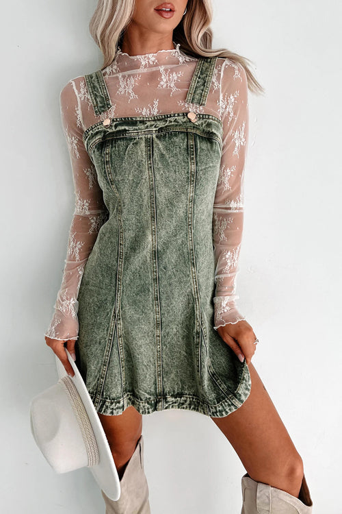Acid Wash Denim Paneled Pinafore Square Neck Mini Dress
