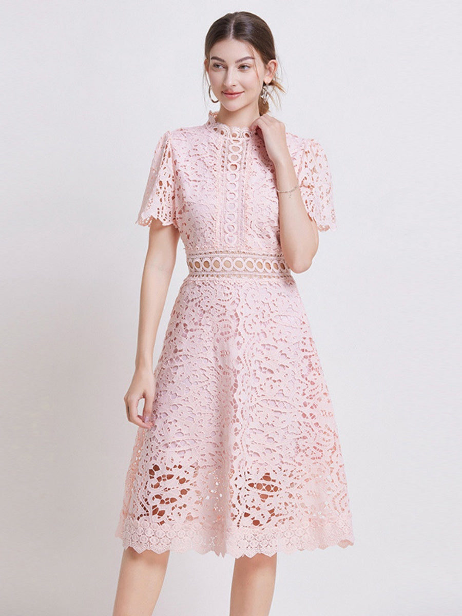 Lace Waist-cinching Hollow-out Midi Dress