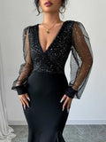 V-neck High-waisted Sequins Splicing Maxi Dresses