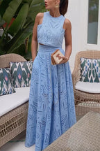 Lace Hollow Out Crewneck Crop Tank Top High Waist Maxi Swing Skirt Set