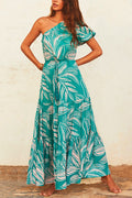 One Shoulder Drawstring Waist Printed Flowy Maxi Dress