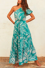 One Shoulder Drawstring Waist Printed Flowy Maxi Dress