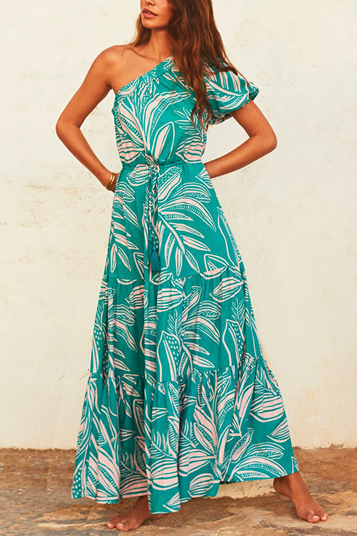One Shoulder Drawstring Waist Printed Flowy Maxi Dress