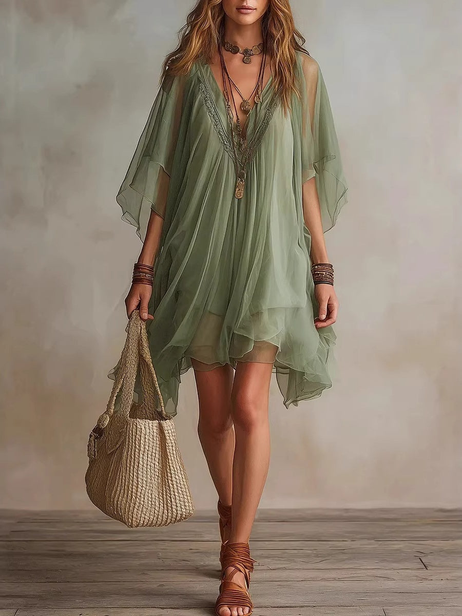V-neck Chiffon Loose-fit Beach Cover-up Dress Mini&Short Dresses