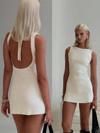 Halter-neck Textured Backless Slim-fit Sexy Short Dress