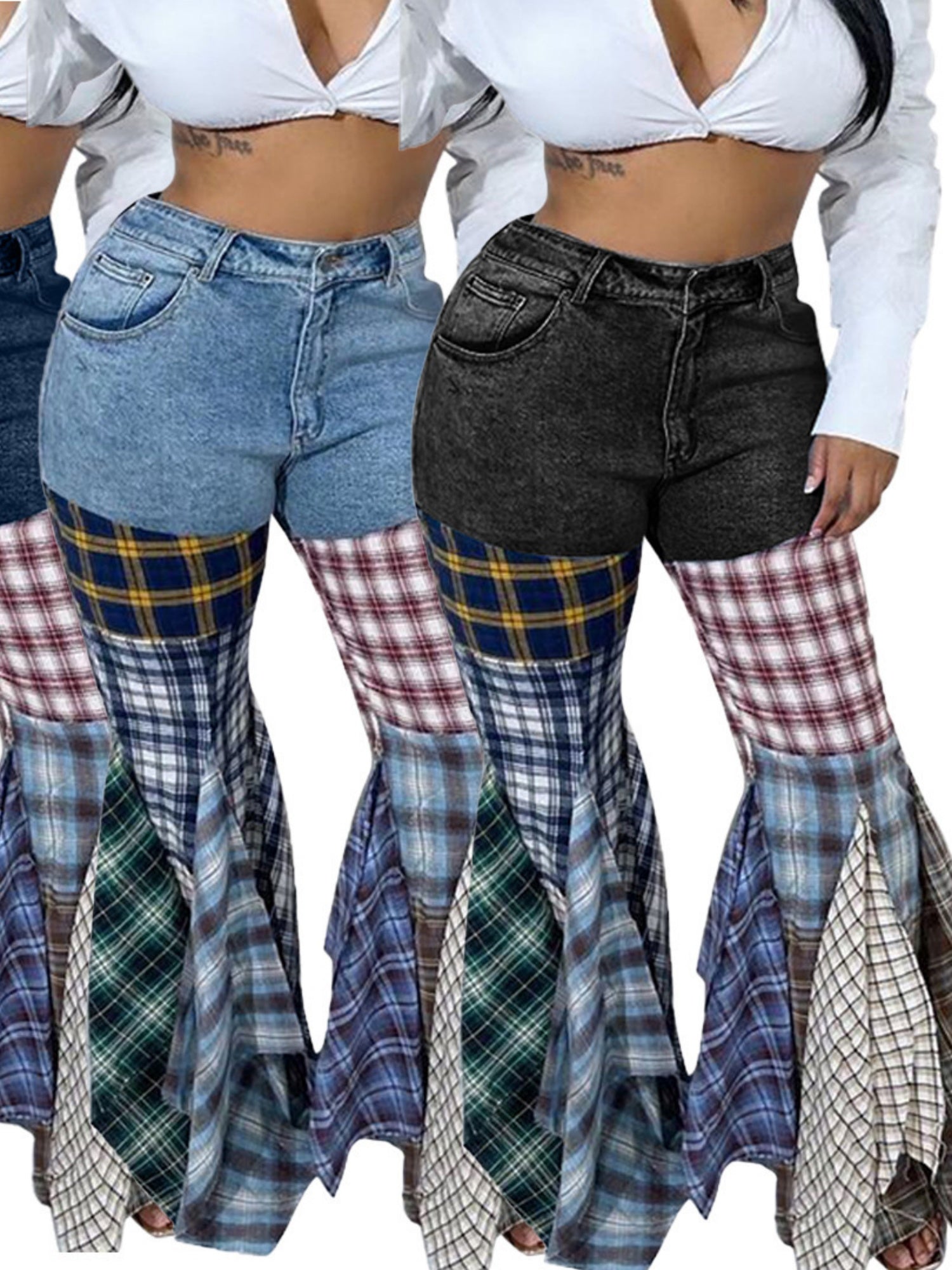 Houndstooth Pattern Flared Pants Ruffle Jeans