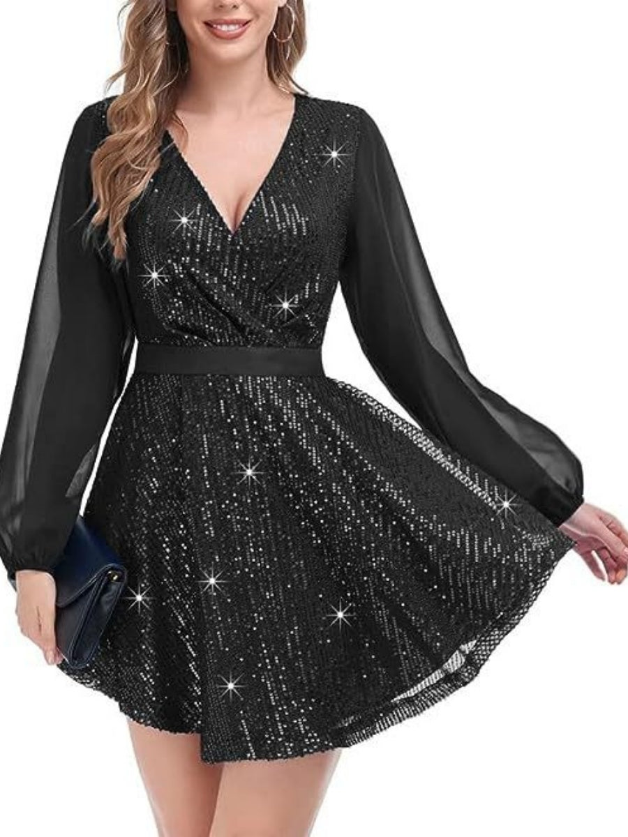 Sequined Chiffon V-neck Temperament Grace Formal Dress Mini&Short Dresses